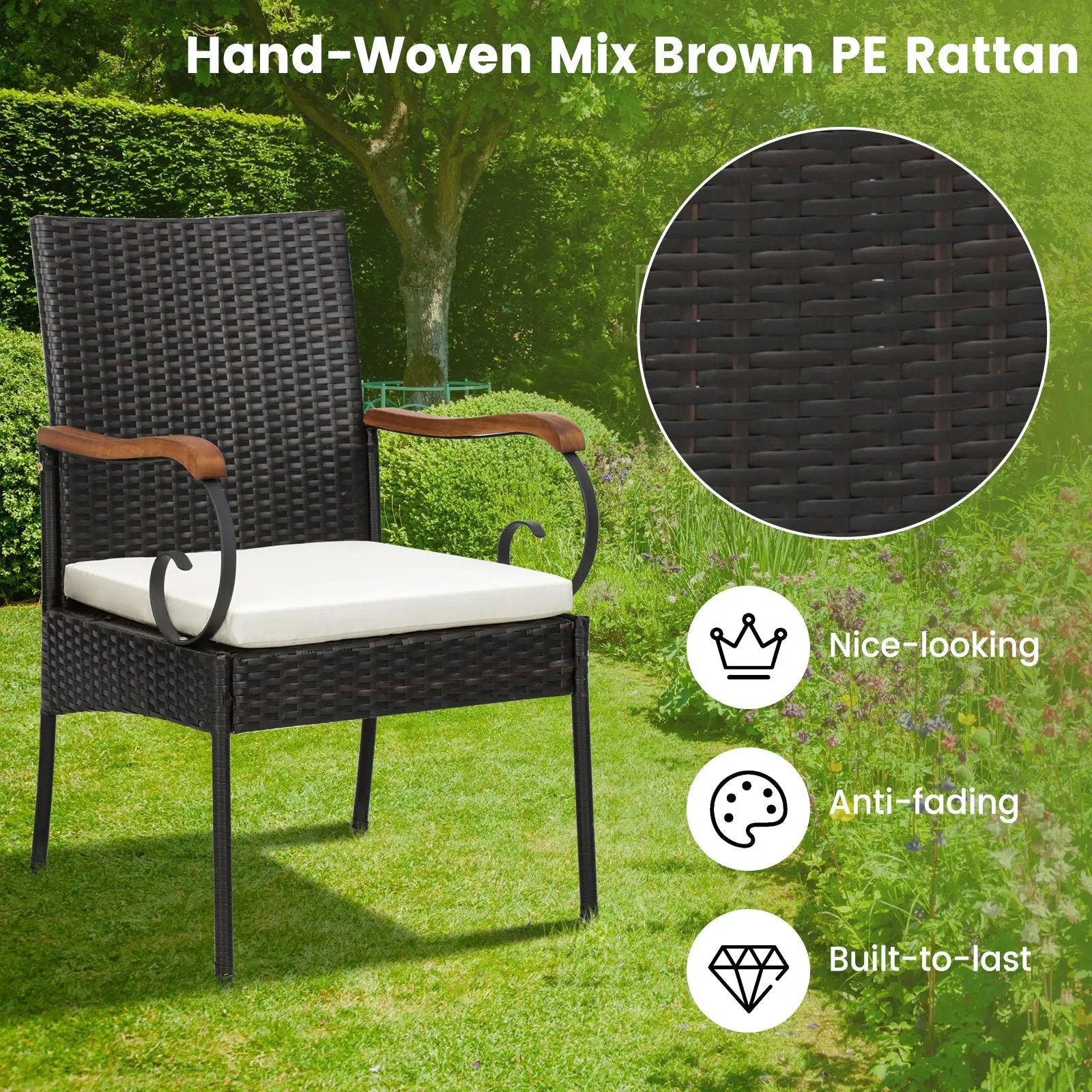 Set of 2/4 Outdoor PE Wicker Chair with Acacia Wood Armrests by DirectDeals