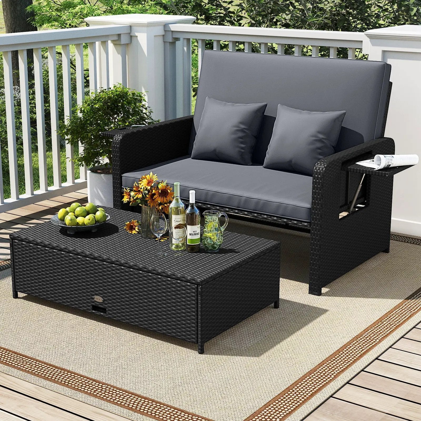 PE Wicker Outdoor Daybed with 4-Level Adjustable Backrest and Storage Ottoman by DirectDeals