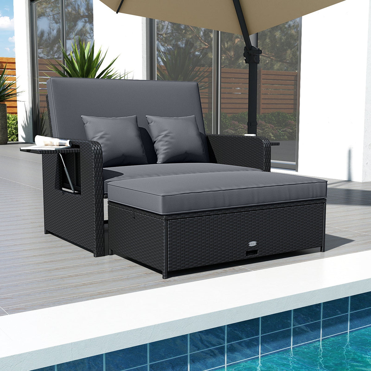 PE Wicker Outdoor Daybed with 4-Level Adjustable Backrest and Storage Ottoman, photo 4 of 24