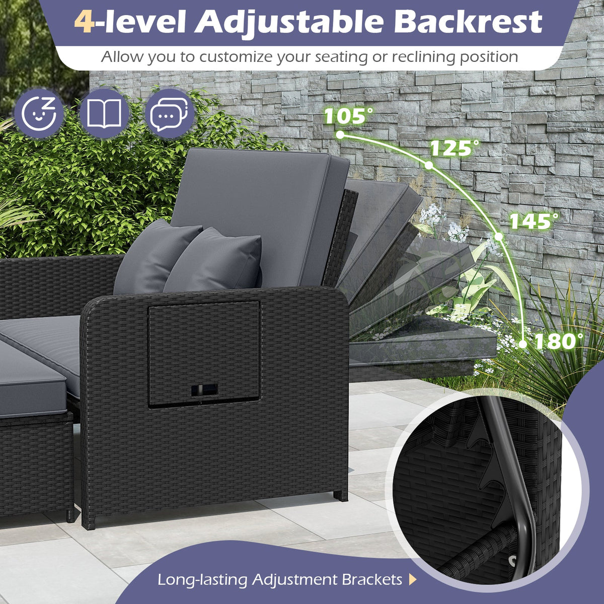 PE Wicker Outdoor Daybed with 4-Level Adjustable Backrest and Storage Ottoman, photo 20 of 24