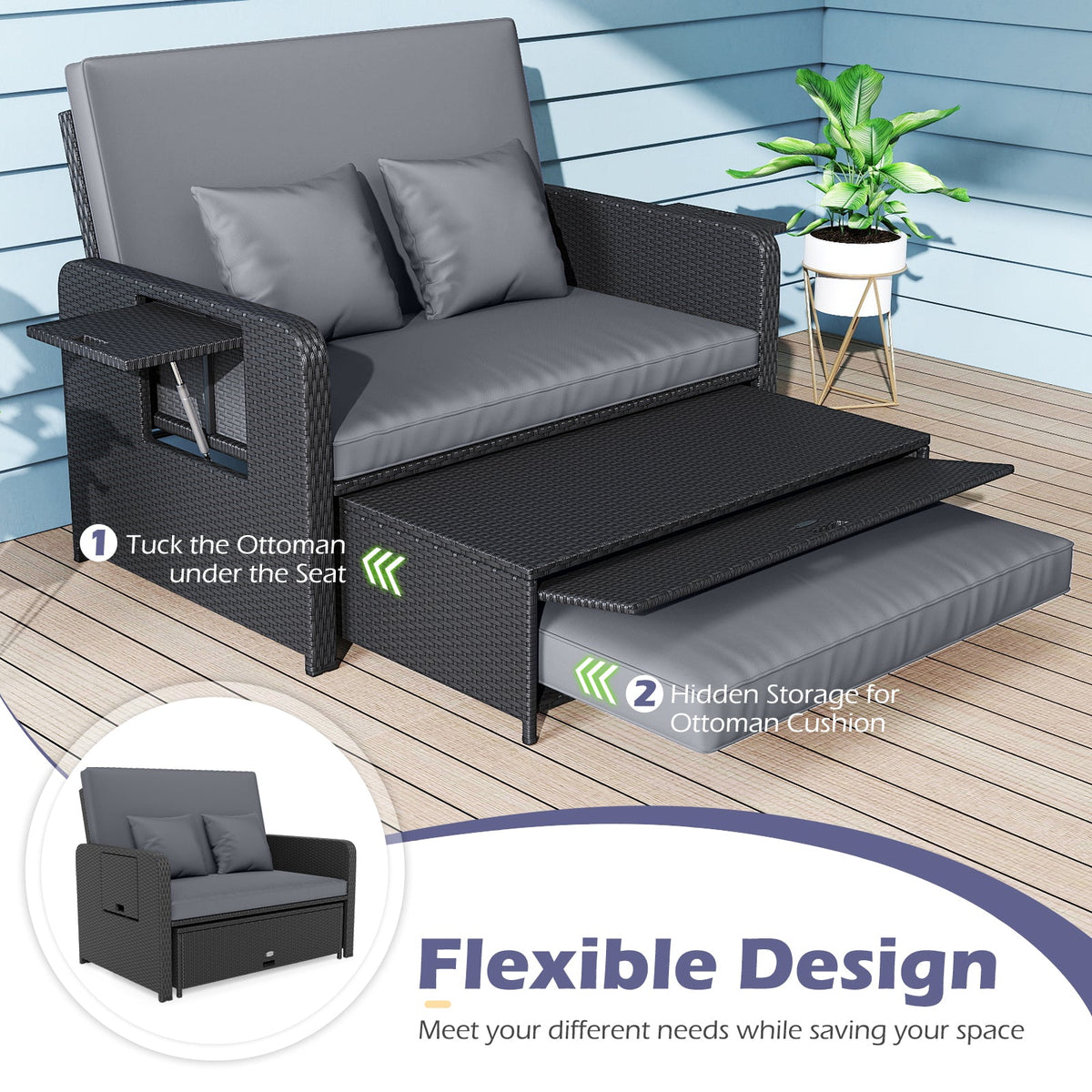 PE Wicker Outdoor Daybed with 4-Level Adjustable Backrest and Storage Ottoman, photo 23 of 24
