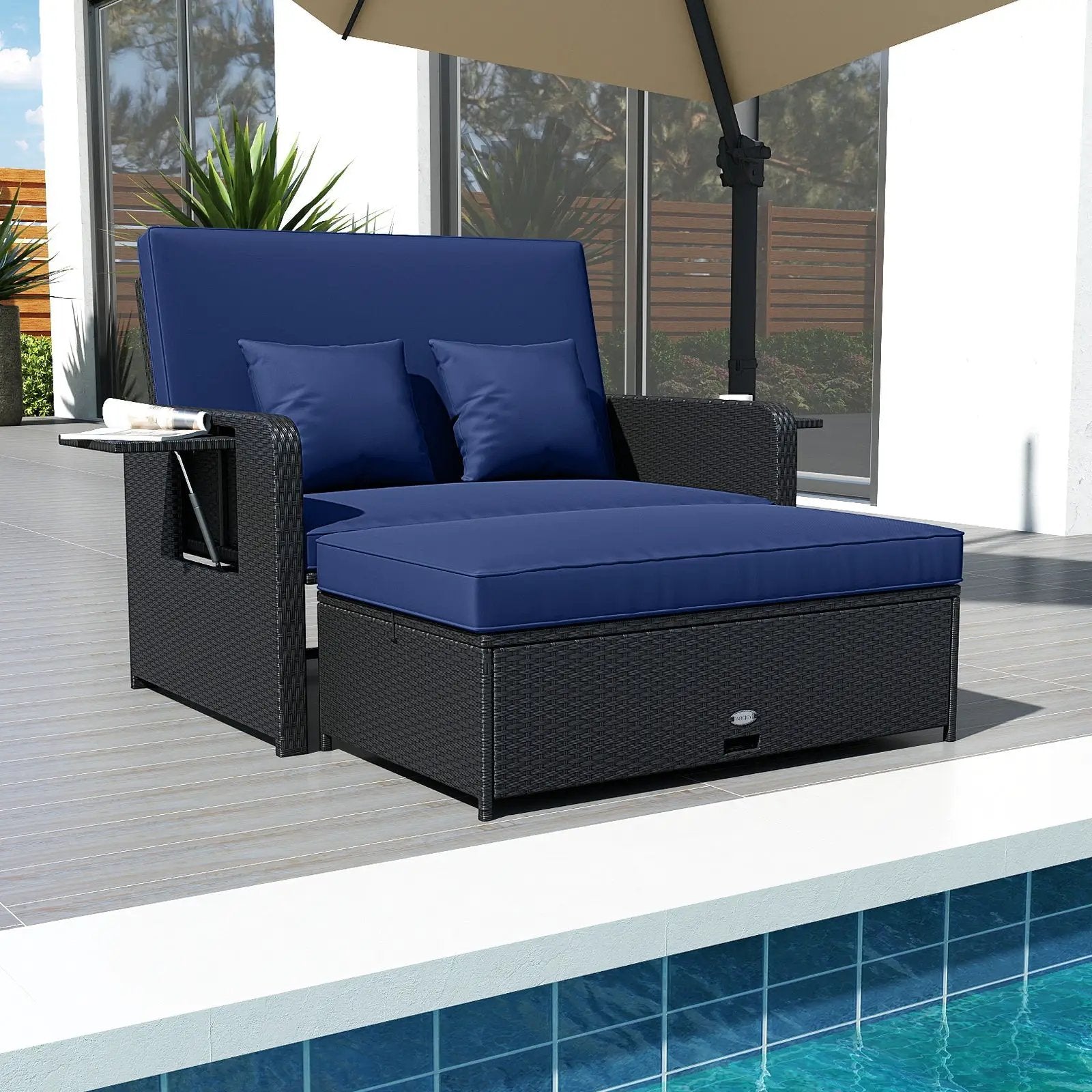 PE Wicker Outdoor Daybed with 4-Level Adjustable Backrest and Storage Ottoman by DirectDeals