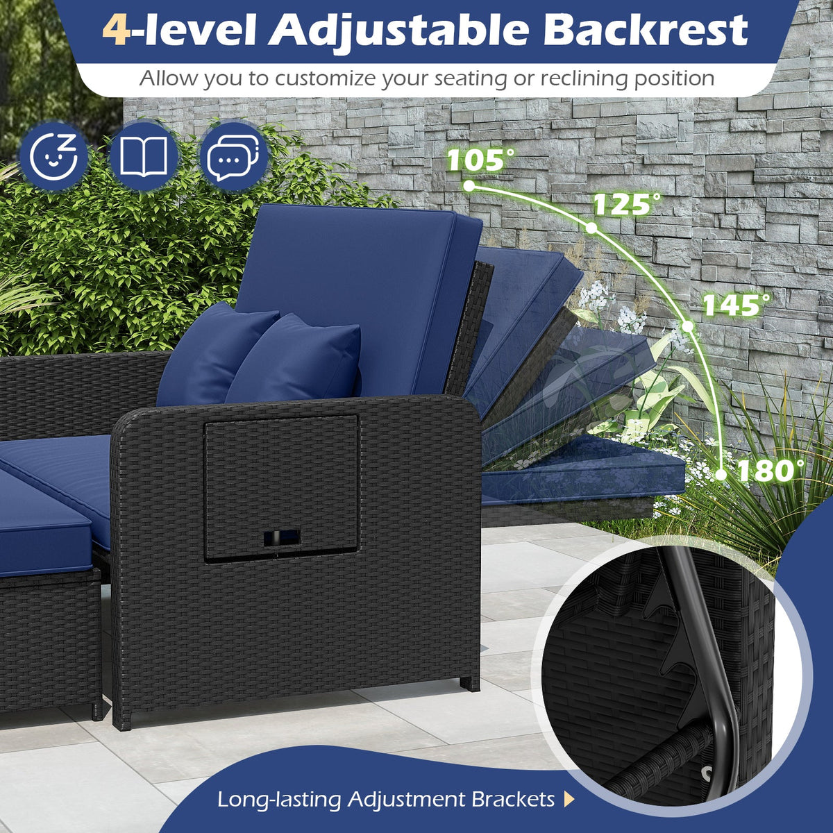 PE Wicker Outdoor Daybed with 4-Level Adjustable Backrest and Storage Ottoman, photo 19 of 24