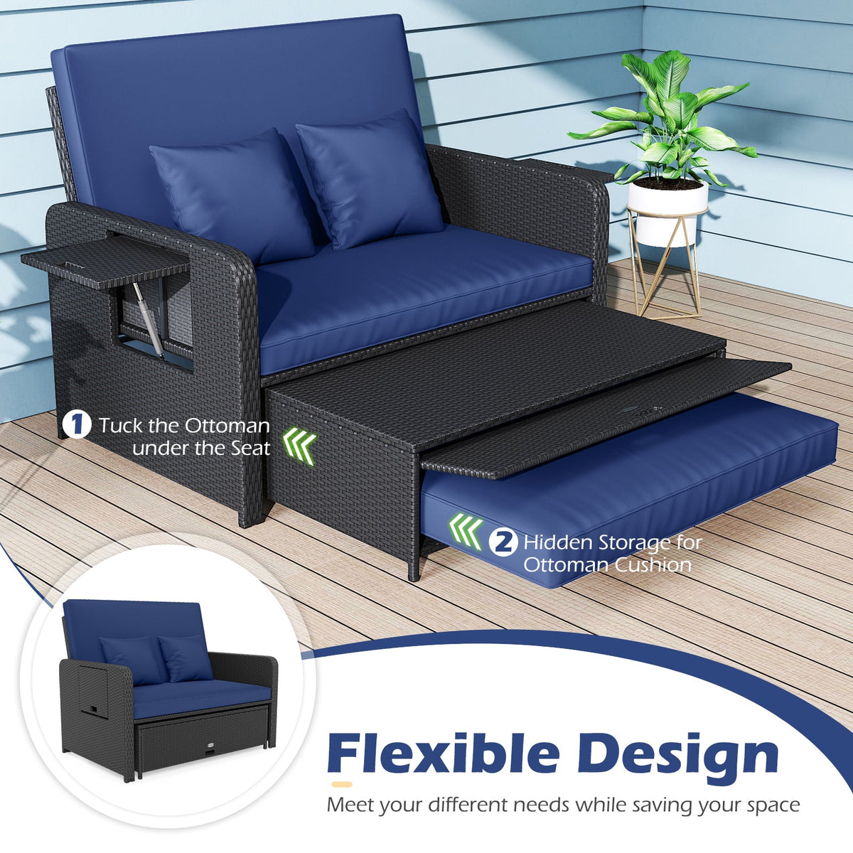PE Wicker Outdoor Daybed with 4-Level Adjustable Backrest and Storage Ottoman, photo 22 of 24