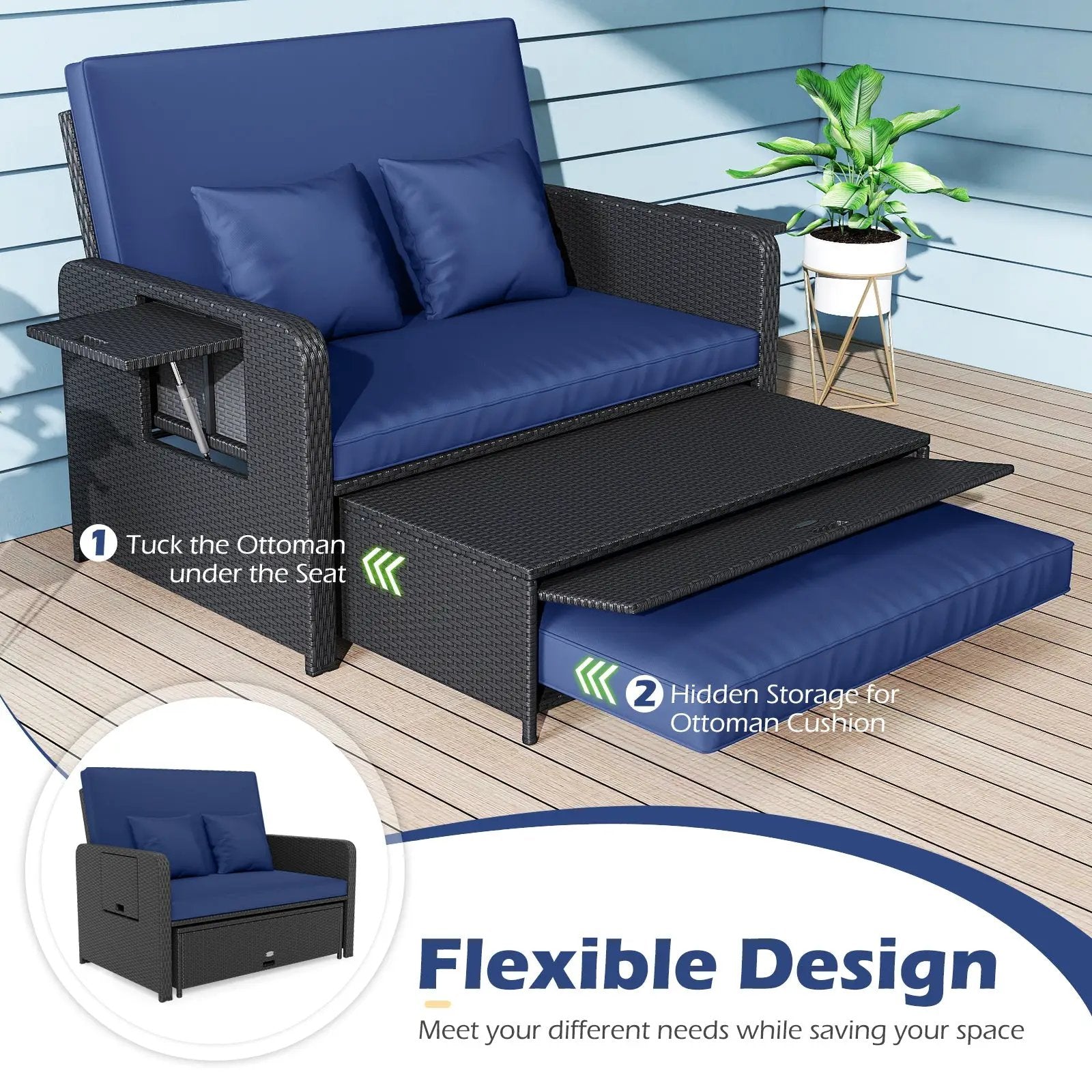 PE Wicker Outdoor Daybed with 4-Level Adjustable Backrest and Storage Ottoman by DirectDeals