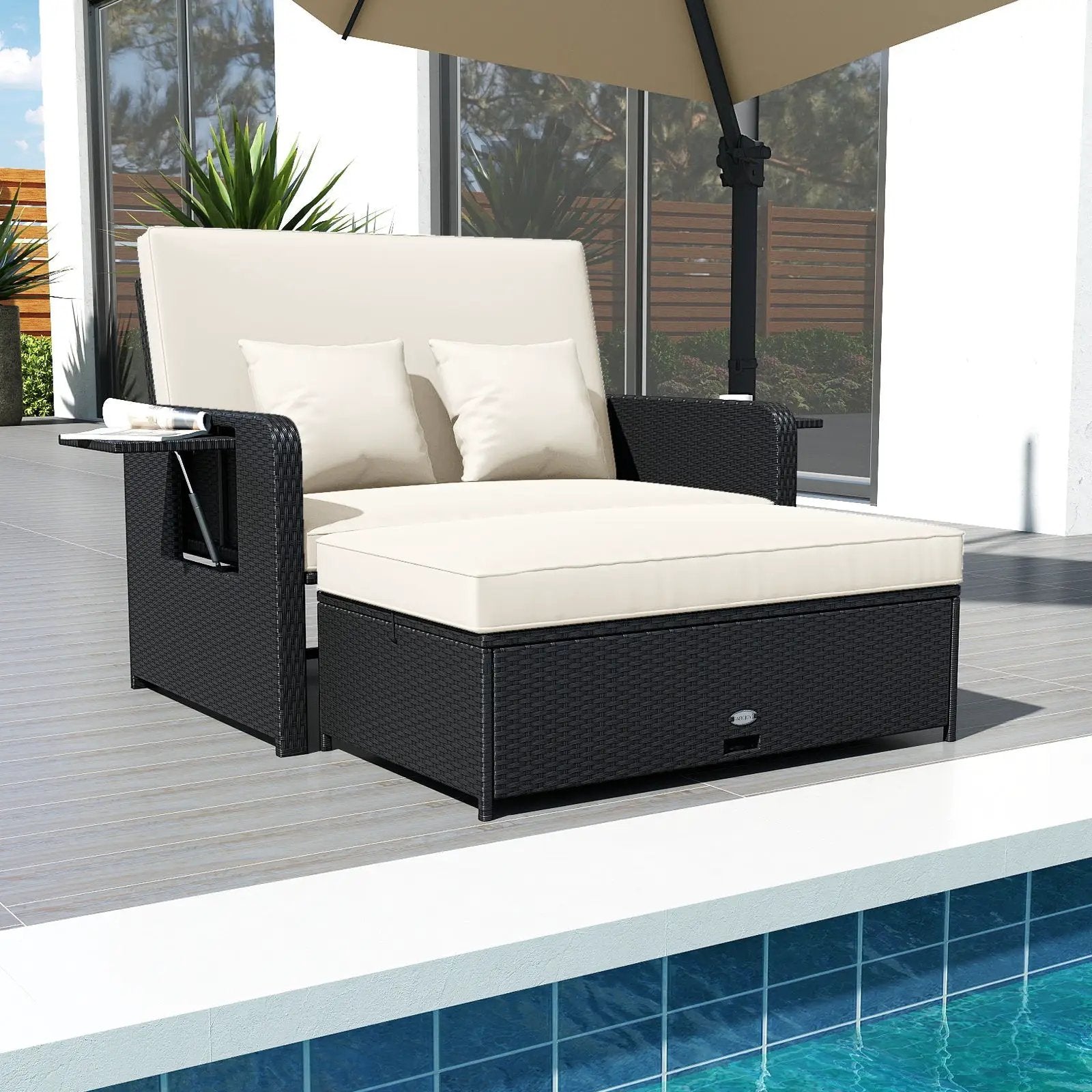 PE Wicker Outdoor Daybed with 4-Level Adjustable Backrest and Storage Ottoman by DirectDeals