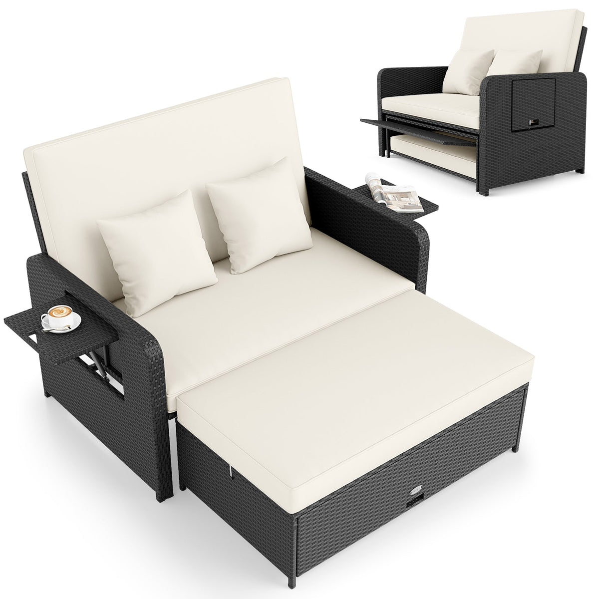 PE Wicker Outdoor Daybed with 4-Level Adjustable Backrest and Storage Ottoman, photo 8 of 24
