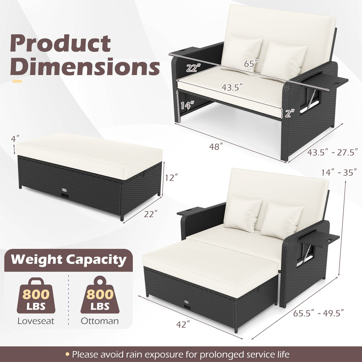 PE Wicker Outdoor Daybed with 4-Level Adjustable Backrest and Storage Ottoman, photo 13 of 24