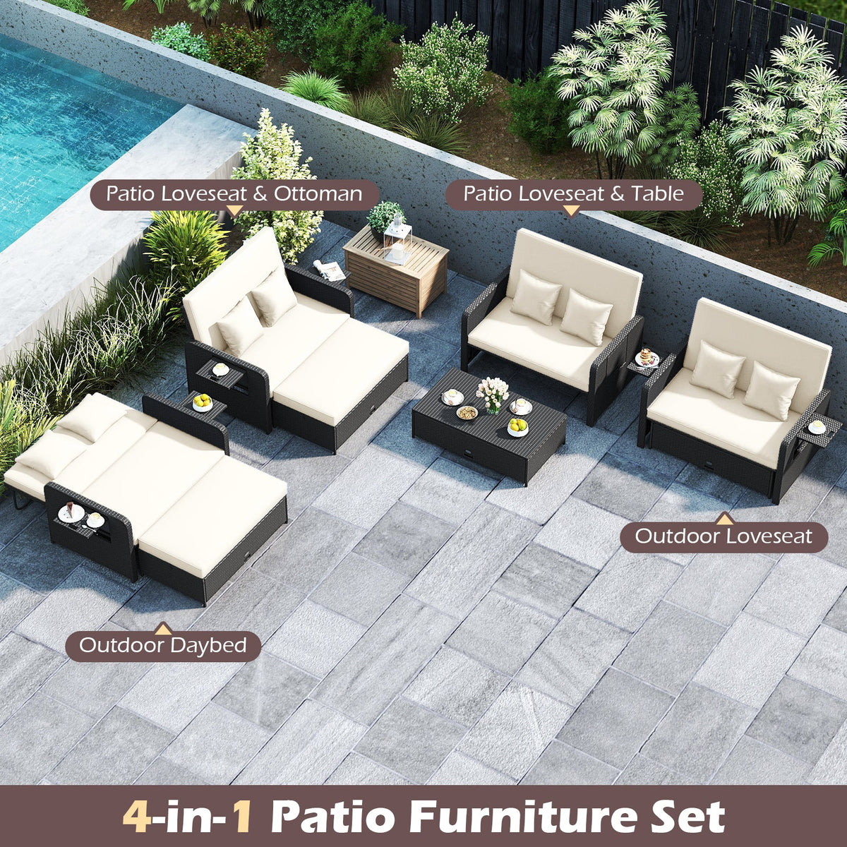PE Wicker Outdoor Daybed with 4-Level Adjustable Backrest and Storage Ottoman, photo 18 of 24