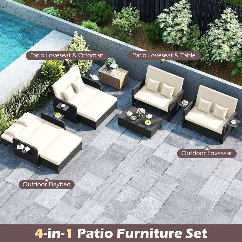 PE Wicker Outdoor Daybed with 4-Level Adjustable Backrest and Storage Ottoman by DirectDeals