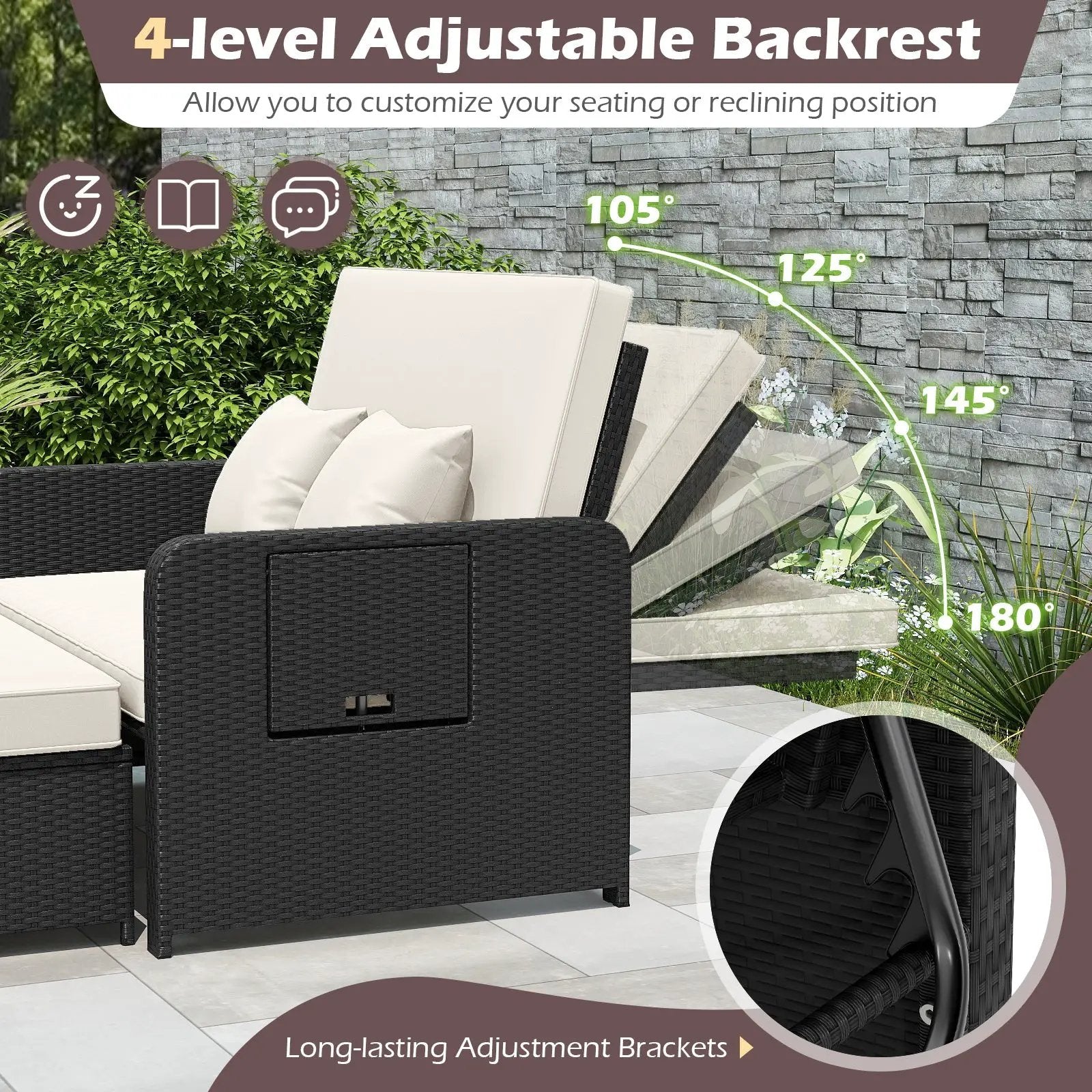 PE Wicker Outdoor Daybed with 4-Level Adjustable Backrest and Storage Ottoman by DirectDeals