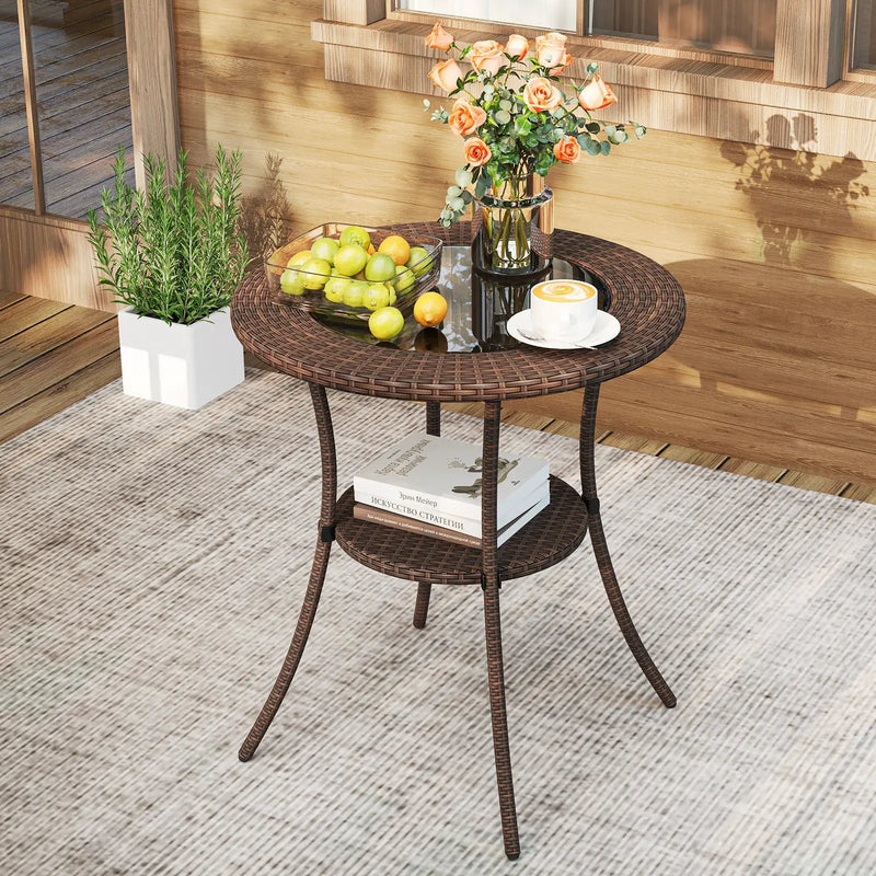 PE Wicker Patio Bistro Table Round with Tempered Glass Top and Shelf by DirectDeals