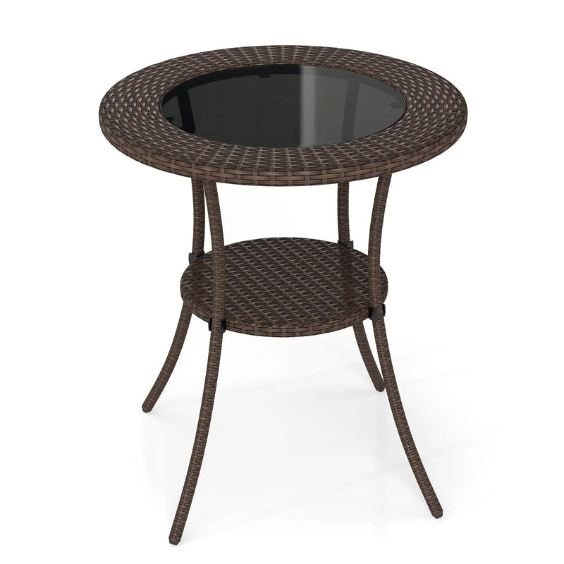 PE Wicker Patio Bistro Table Round with Tempered Glass Top and Shelf by DirectDeals