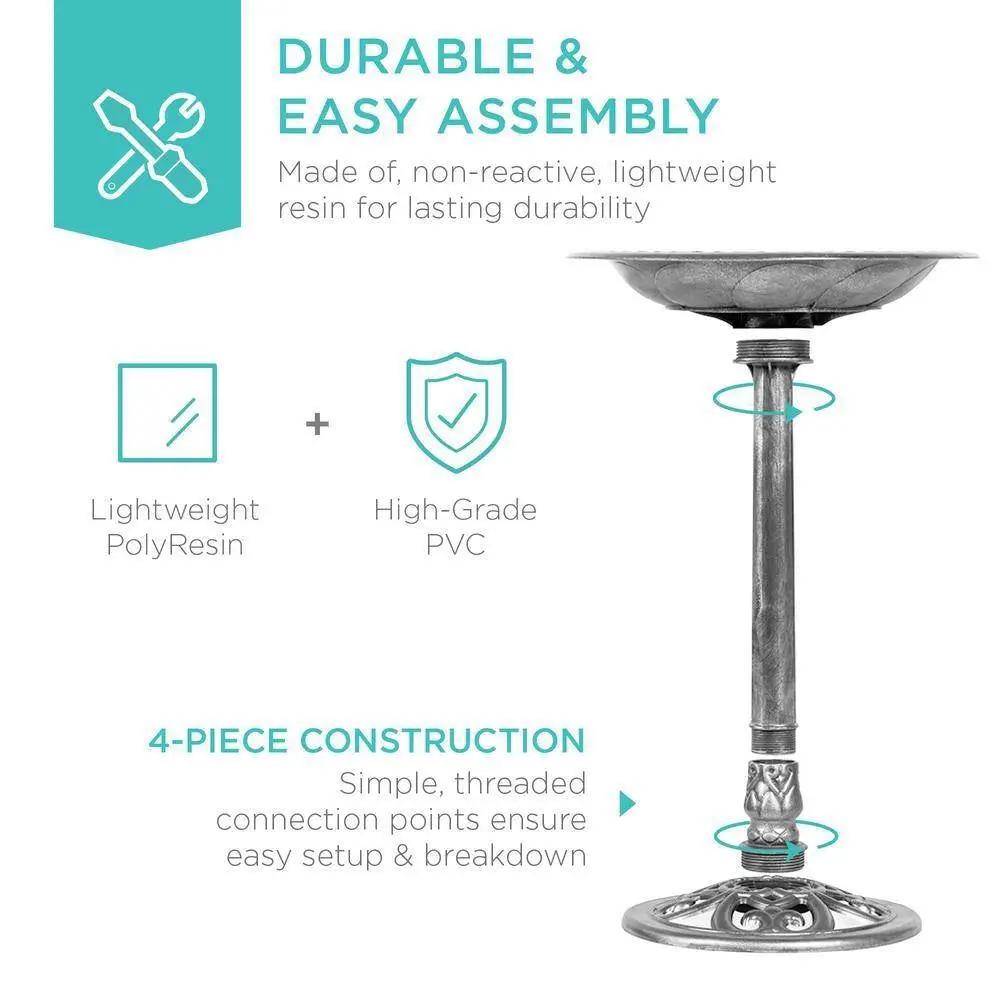 Outdoor Weather Resistant Polyresin Bird Bath in Rustic Aged Silver Finish by HomePacific