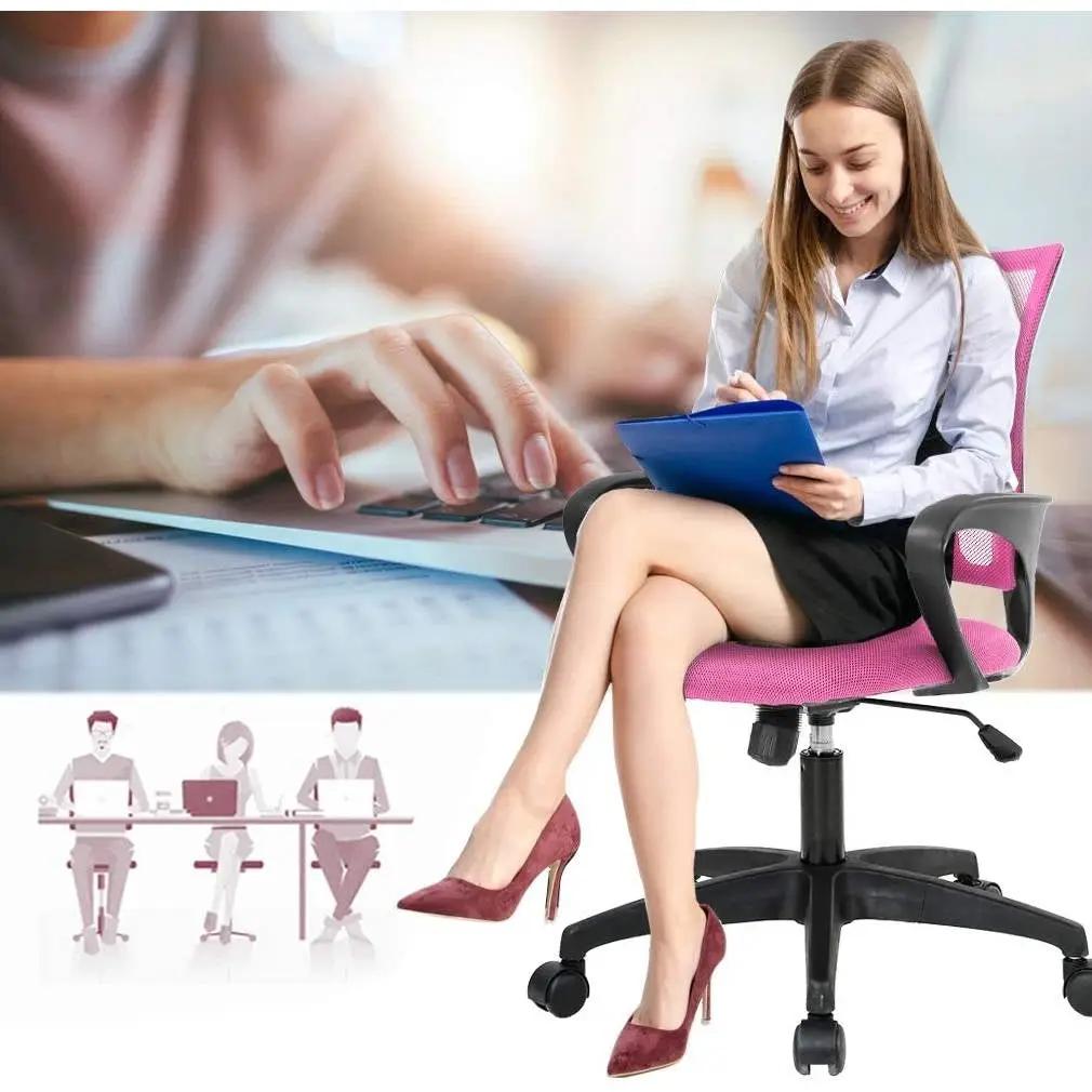 Pink Modern Mid-Back Ergonomic Mesh Office Desk Chair with Armrest on Wheels by HomePacific