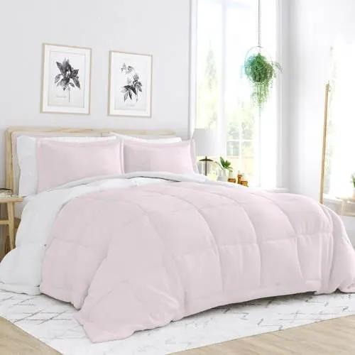Twin/Twin XL 2-Piece Microfiber Reversible Comforter Set Blush Pink and White by HomePacific