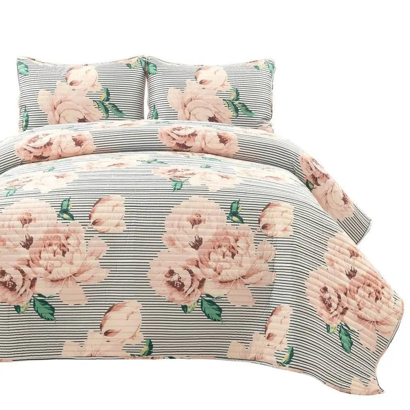 Full/Queen Size Polyester Black White Striped Rose Floral 3 Piece Quilt Set by HomePacific