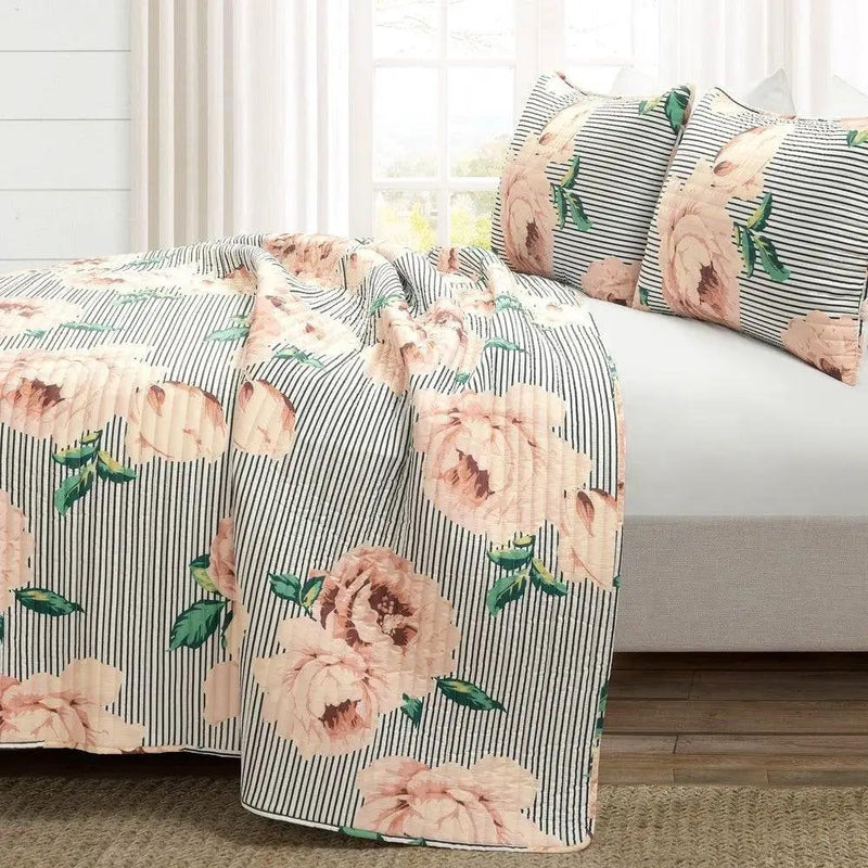 Full/Queen Size Polyester Black White Striped Rose Floral 3 Piece Quilt Set by HomePacific