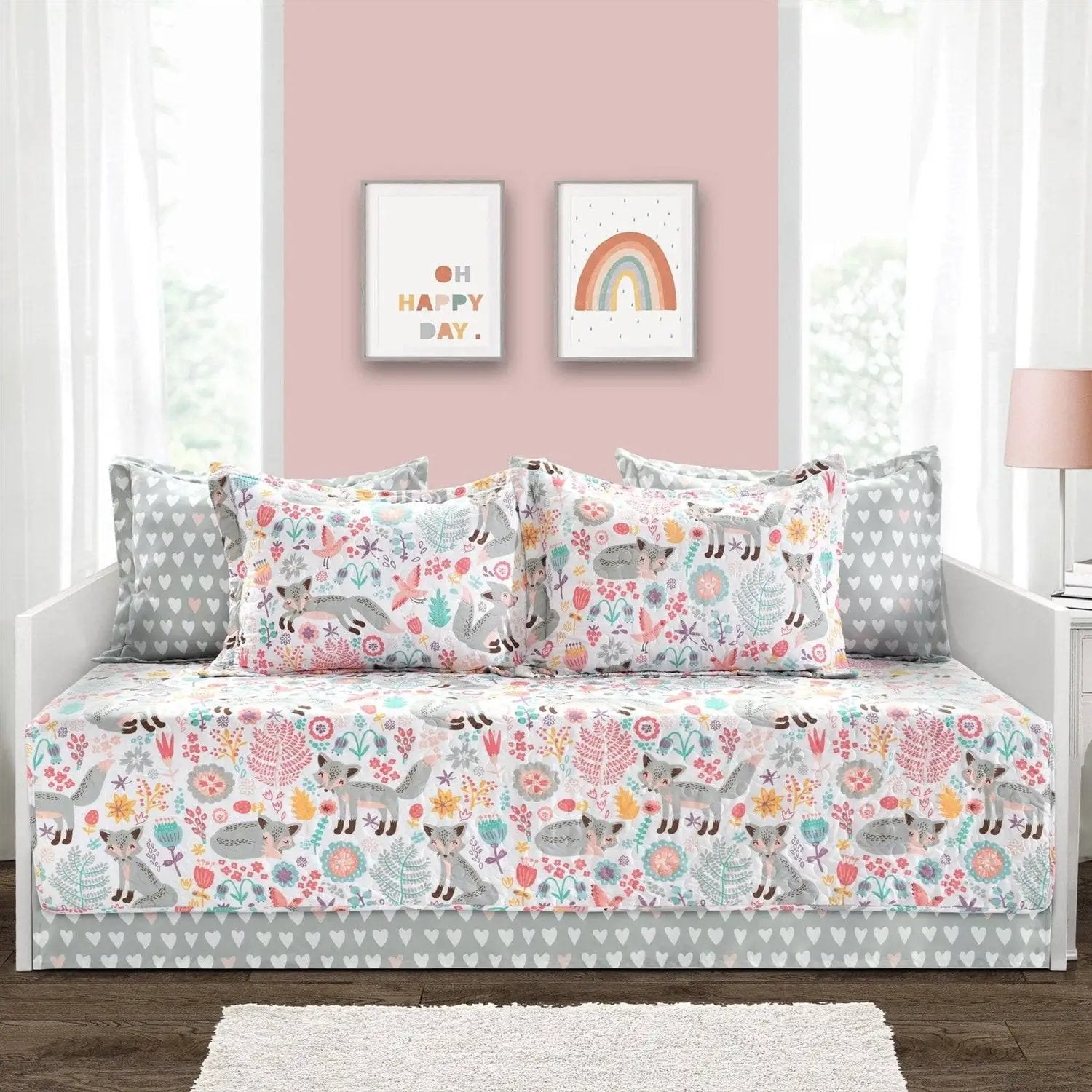 Pink Teal Orange Grey 6 Piece Floral Foxes Daybed Cover Bedding Set by HomePacific