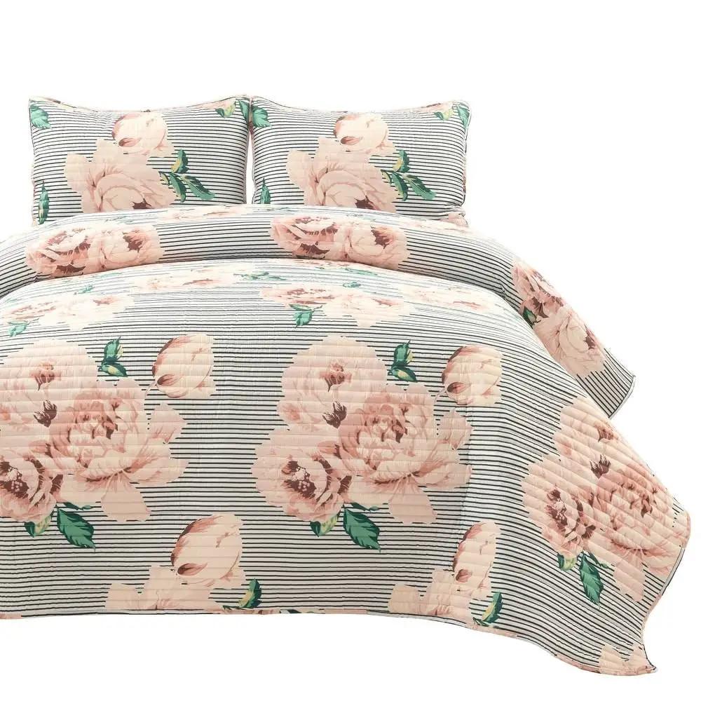 King Size Polyester Black White Striped Rose Floral 3 Piece Quilt Set by HomePacific