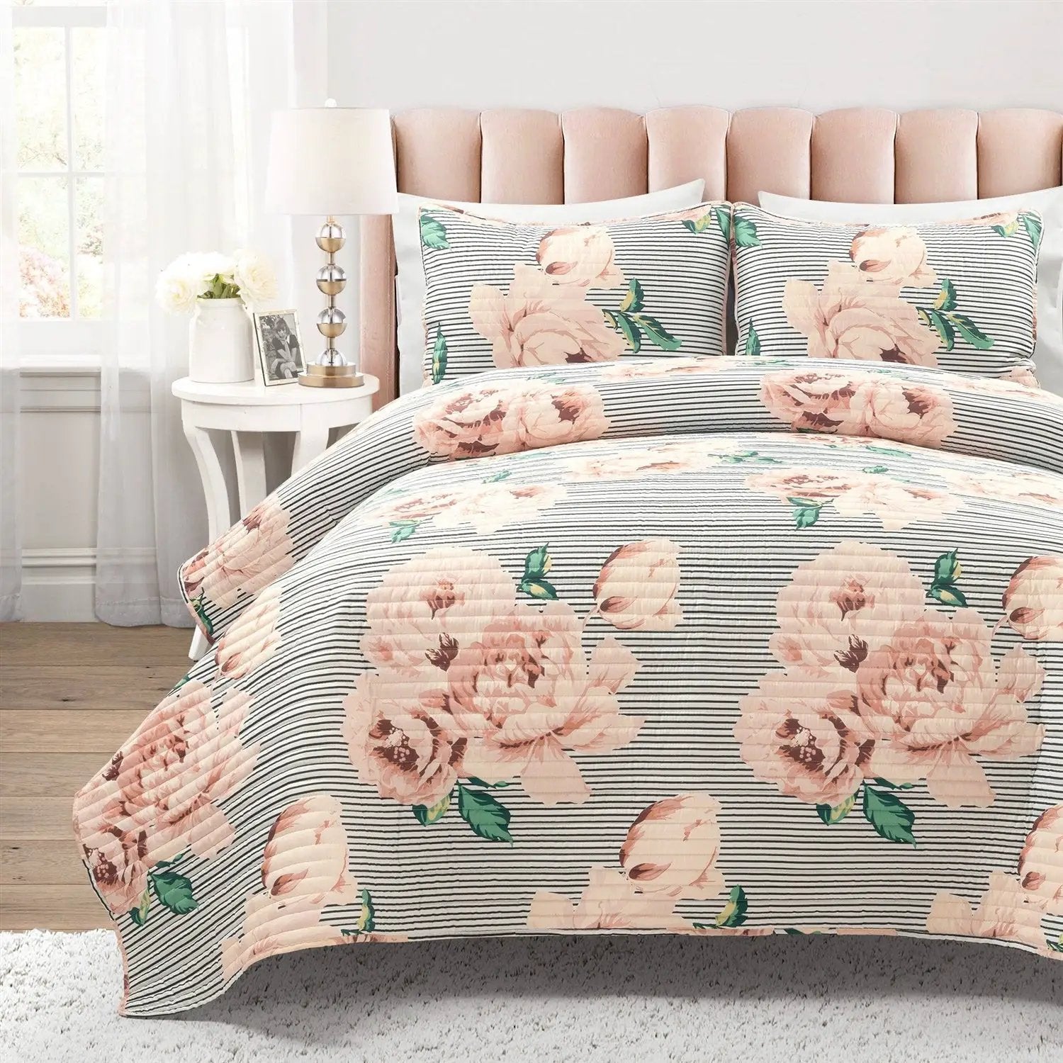 King Size Polyester Black White Striped Rose Floral 3 Piece Quilt Set by HomePacific