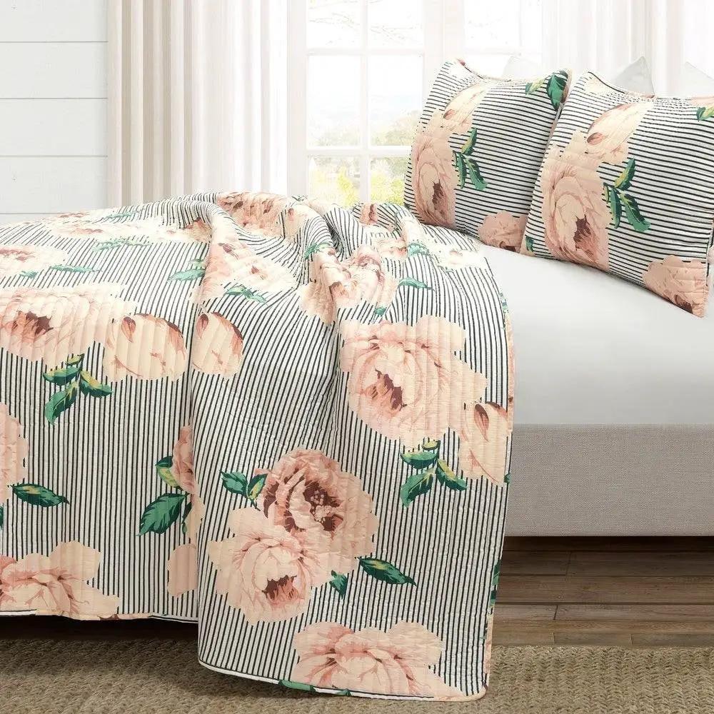 King Size Polyester Black White Striped Rose Floral 3 Piece Quilt Set by HomePacific