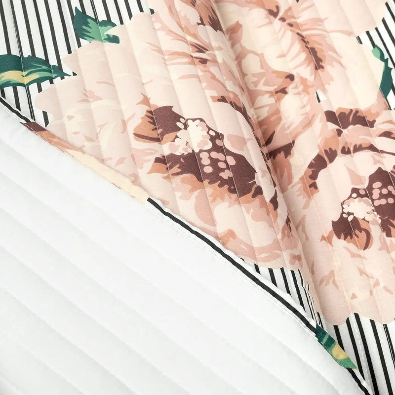 King Size Polyester Black White Striped Rose Floral 3 Piece Quilt Set by HomePacific