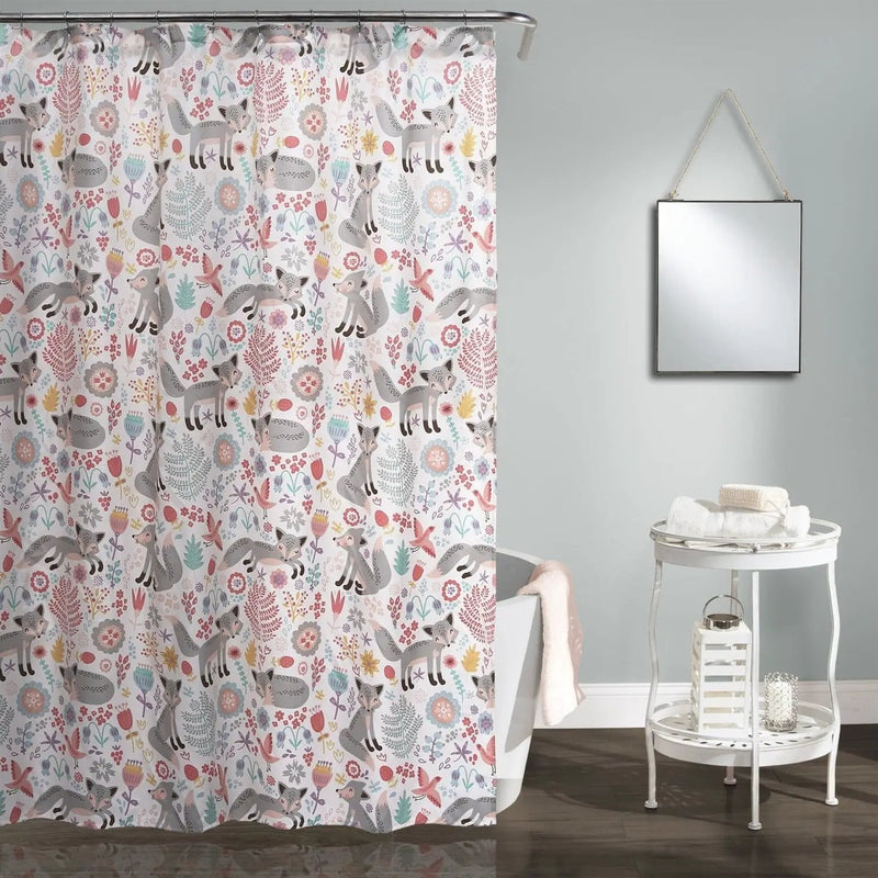 72-inch Pink Grey Teal Floral Fox Birds Polyester Shower Curtain by HomePacific