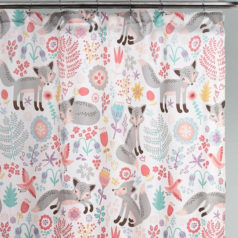 72-inch Pink Grey Teal Floral Fox Birds Polyester Shower Curtain by HomePacific
