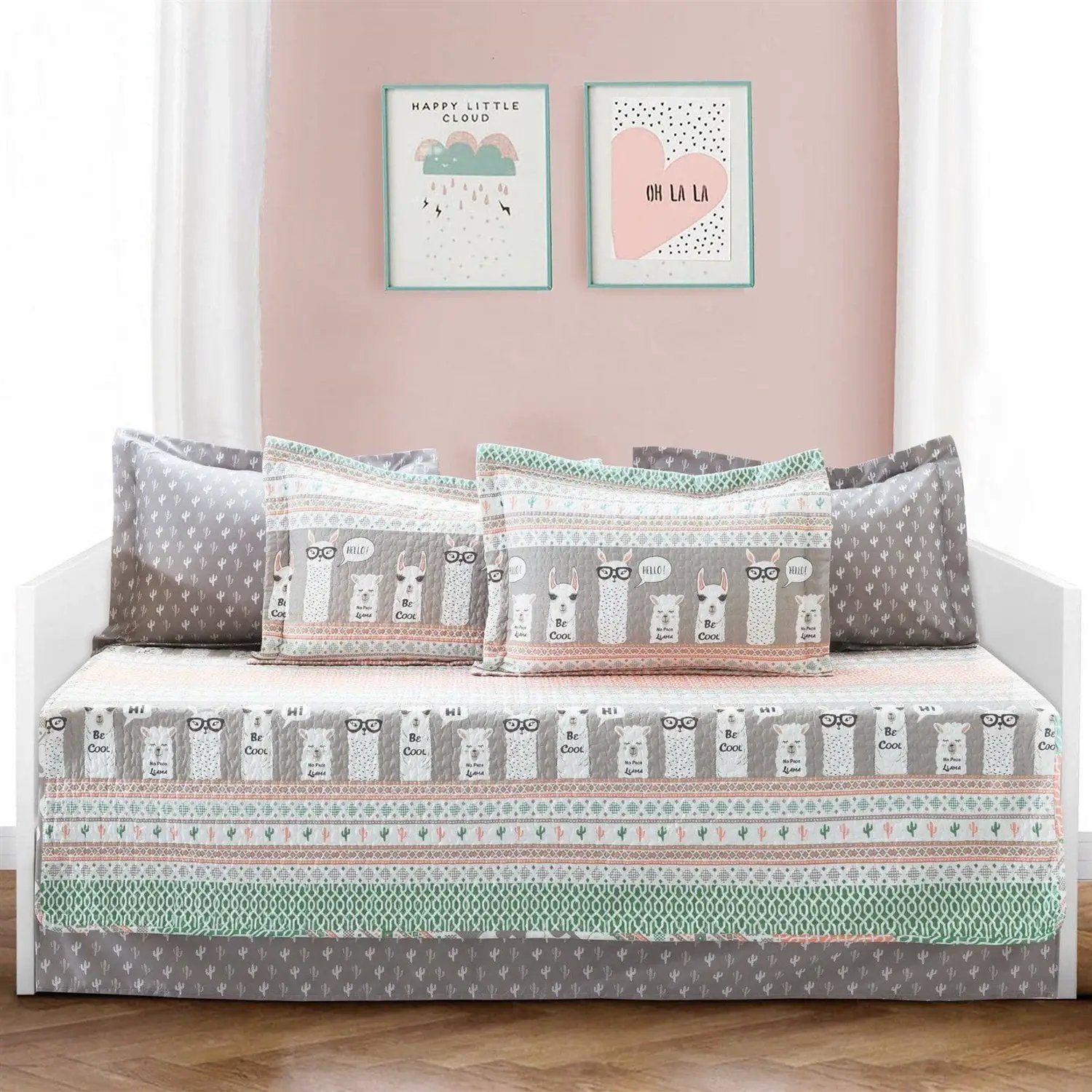 Pink Turquoise Grey White Llama Cactus Southwest 6 Piece Daybed Cover Set by HomePacific