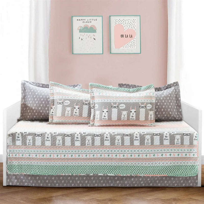 Pink Turquoise Grey White Llama Cactus Southwest 6 Piece Daybed Cover Set by HomePacific