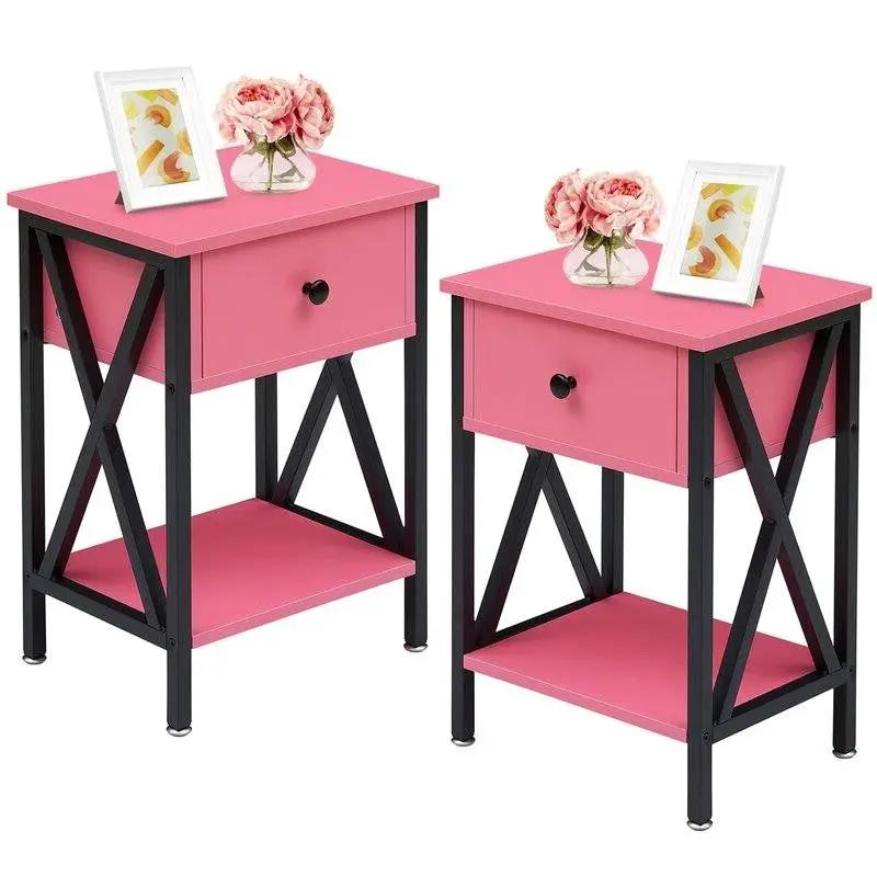 Set of 2 - 1-Drawer Nightstand Bedside Table in Pink and Black by HomePacific