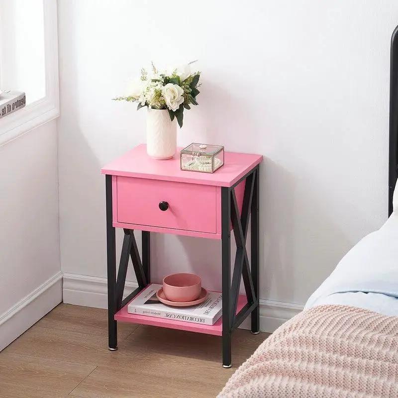 Set of 2 - 1-Drawer Nightstand Bedside Table in Pink and Black by HomePacific
