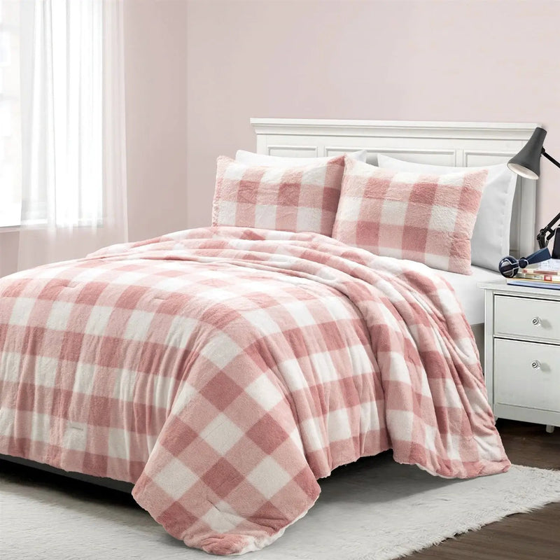 Twin Size Plaid Soft Faux Fur Comforter Set in Pink Blush by HomePacific