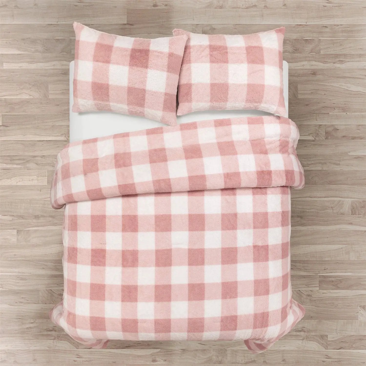 Twin Size Plaid Soft Faux Fur Comforter Set in Pink Blush by HomePacific