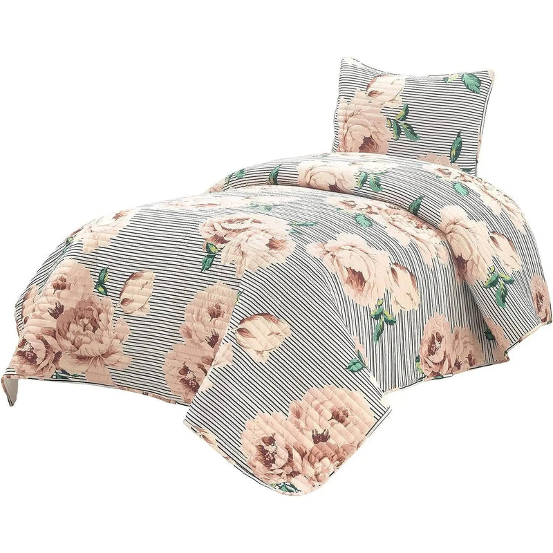 Twin/Twin XL Size Polyester Black White Striped Rose Floral 2 Piece Quilt Set by HomePacific