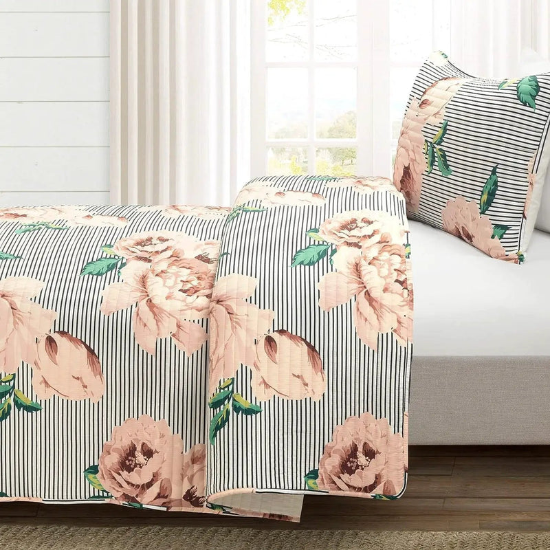 Twin/Twin XL Size Polyester Black White Striped Rose Floral 2 Piece Quilt Set by HomePacific