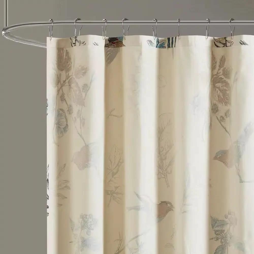72-inch Beige Khaki Cotton Shower Curtain with Vintage Birds Leaf Floral Print by HomePacific