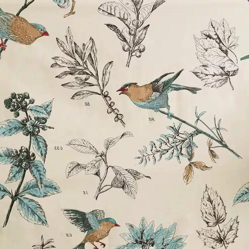 72-inch Beige Khaki Cotton Shower Curtain with Vintage Birds Leaf Floral Print by HomePacific