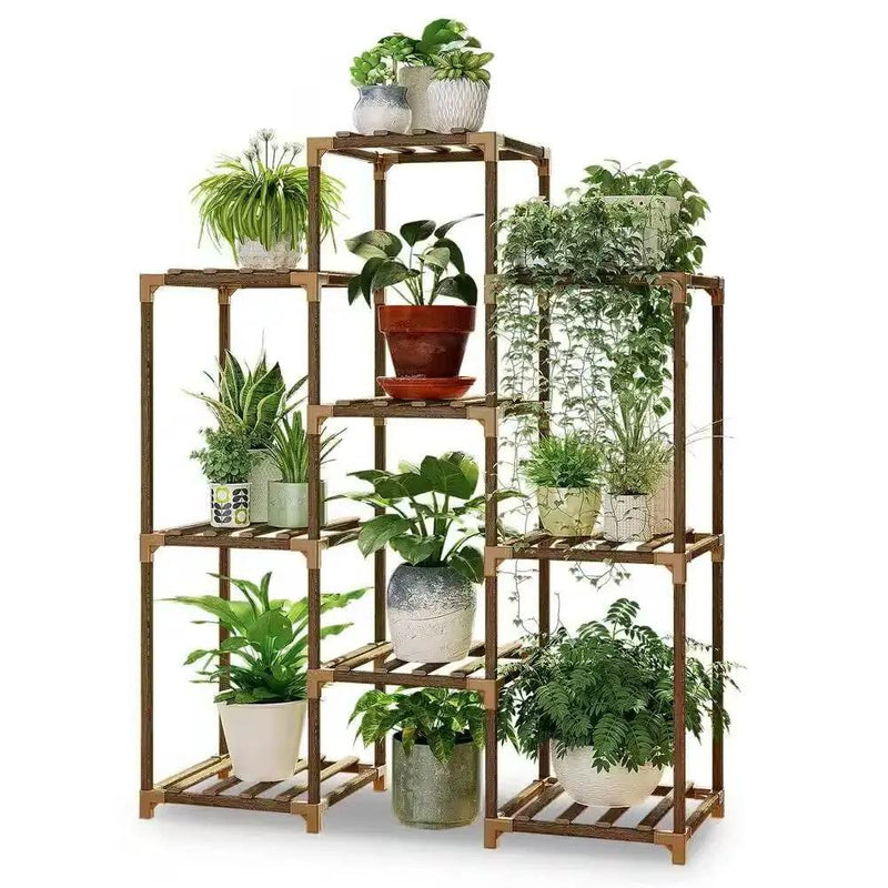 Natural Wood Bookcase Plant Stand Shelving Rack - Holds up to 9 Planters by HomePacific