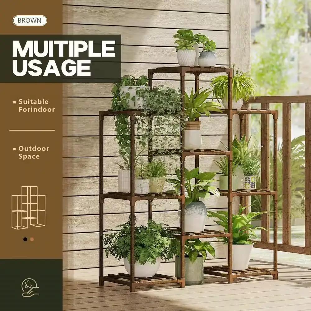 Natural Wood Bookcase Plant Stand Shelving Rack - Holds up to 9 Planters by HomePacific