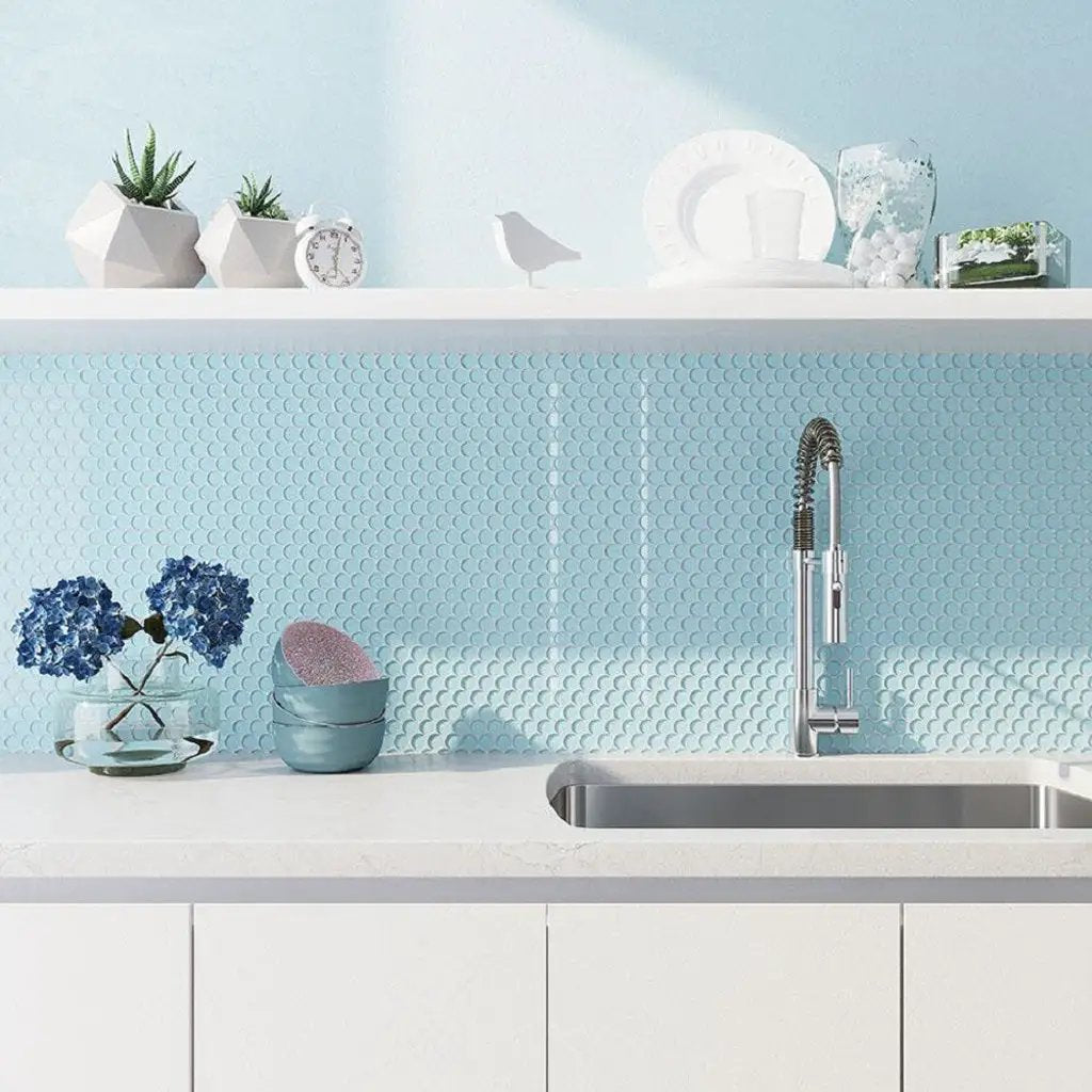 Sky Blue 12x12 Glossy Penny Round Glass Mosaic Tile (5 pack, 5 sq ft/case) by Apollo Tile
