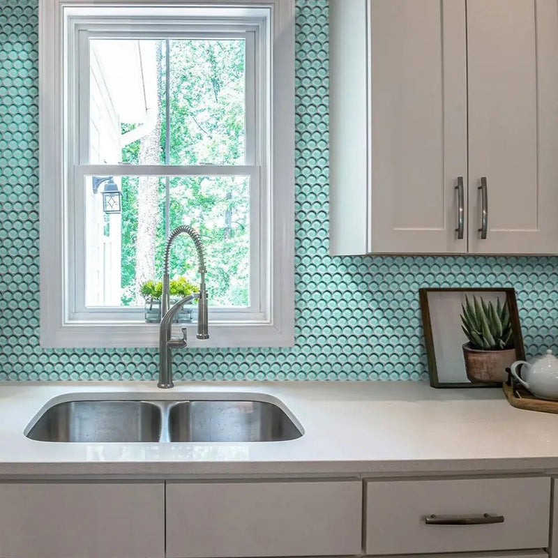 Sky Blue 12x12 Glossy Penny Round Glass Mosaic Tile (5 pack, 5 sq ft/case) by Apollo Tile