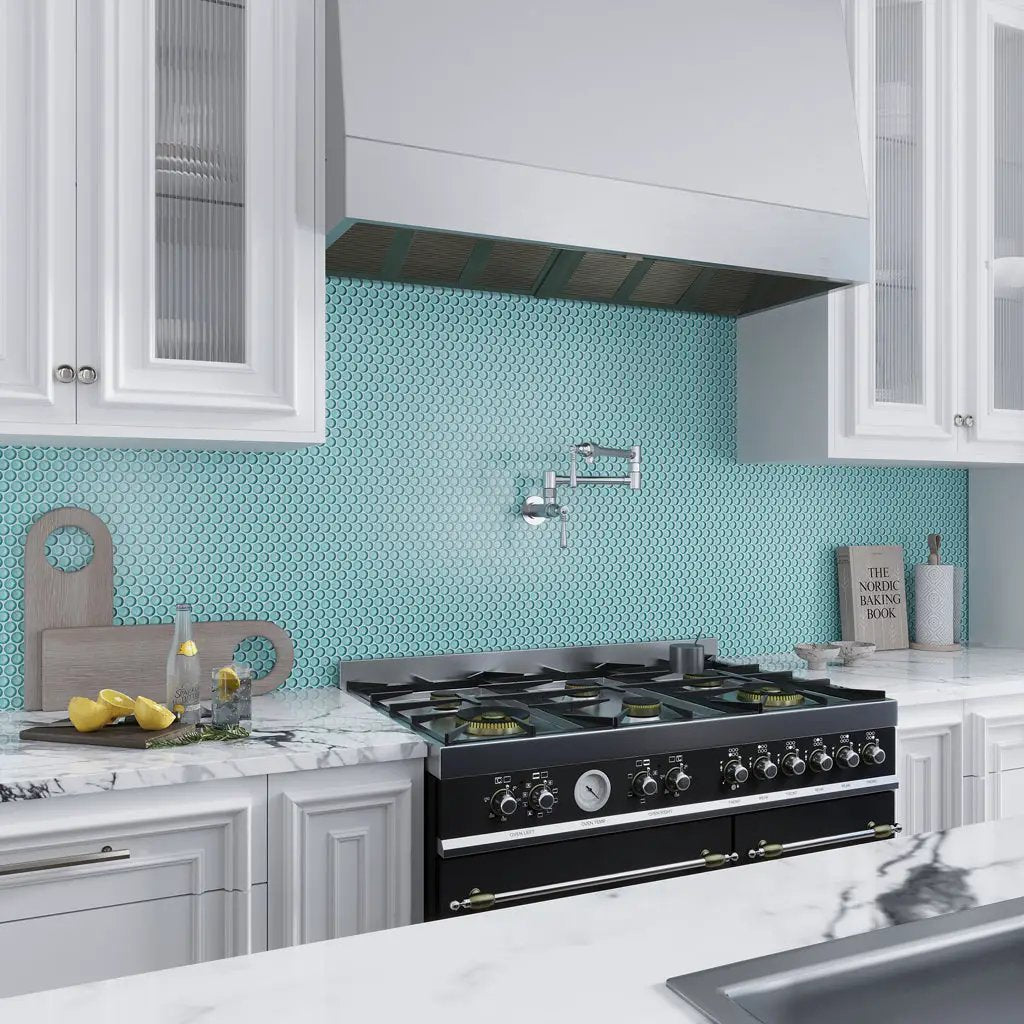 Sky Blue 12x12 Glossy Penny Round Glass Mosaic Tile (5 pack, 5 sq ft/case) by Apollo Tile