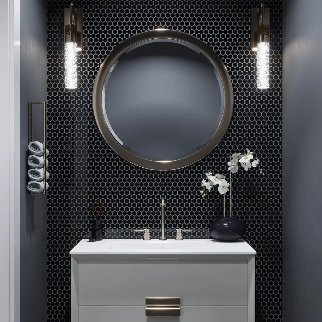 Black 12x12 Glossy Penny Round Glass Mosaic Tile (5 pack, 5 sq ft/case) by Apollo Tile