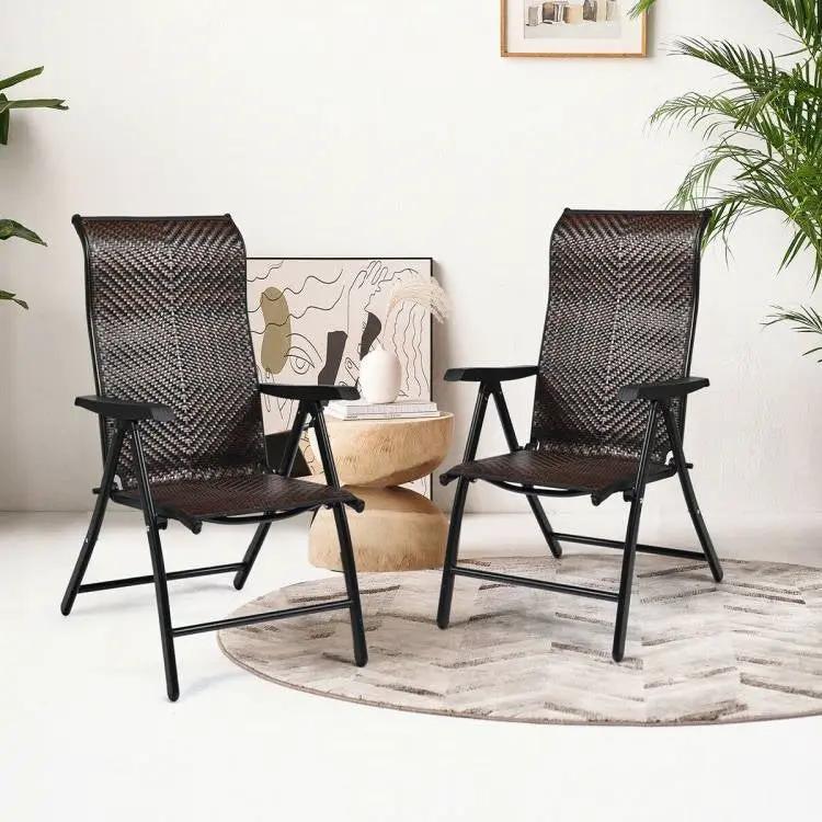 Outdoor Folding Steel Frame Rattan Patio Chair with Armrest in Brown by HomePacific