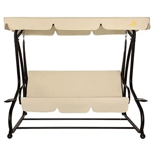 Outdoor 3-Seat Canopy Swing with Beige Cushions for Patio Deck or Porch by HomePacific