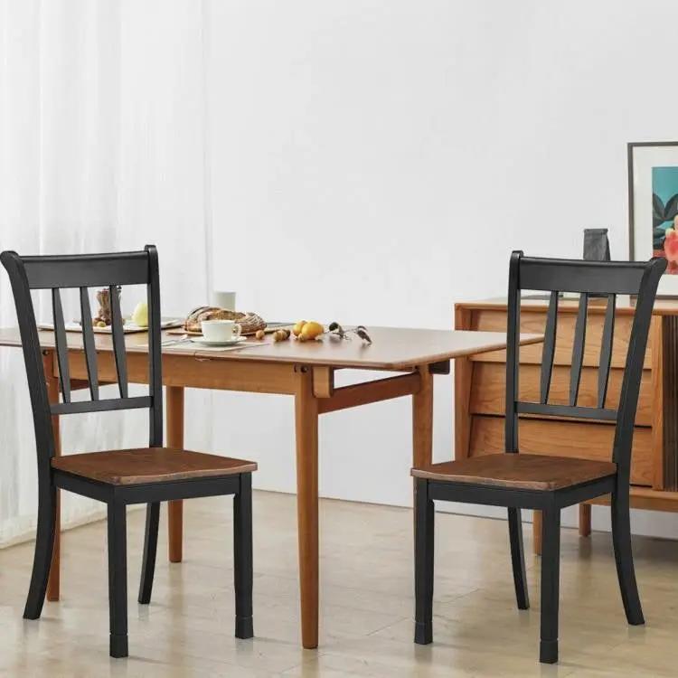 Set of 2 Solid Wood Black Mission Style Armless Dining Chairs with Brown Seat by HomePacific