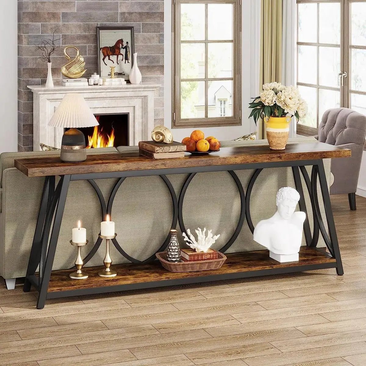Industrial 70-in. Brown Wood Top Console Table with Heavy Duty Black Metal Frame by HomePacific