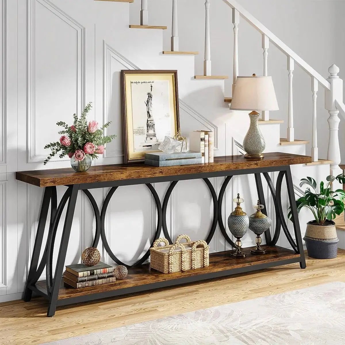 Industrial 70-in. Brown Wood Top Console Table with Heavy Duty Black Metal Frame by HomePacific